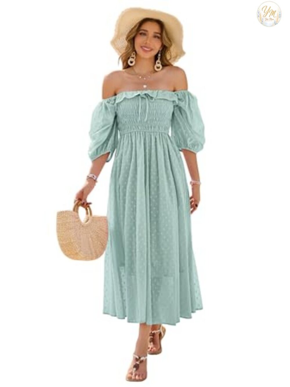 100% Cotton A Line Flowy Midi Dress Square Neck Puff Sleeve Backless